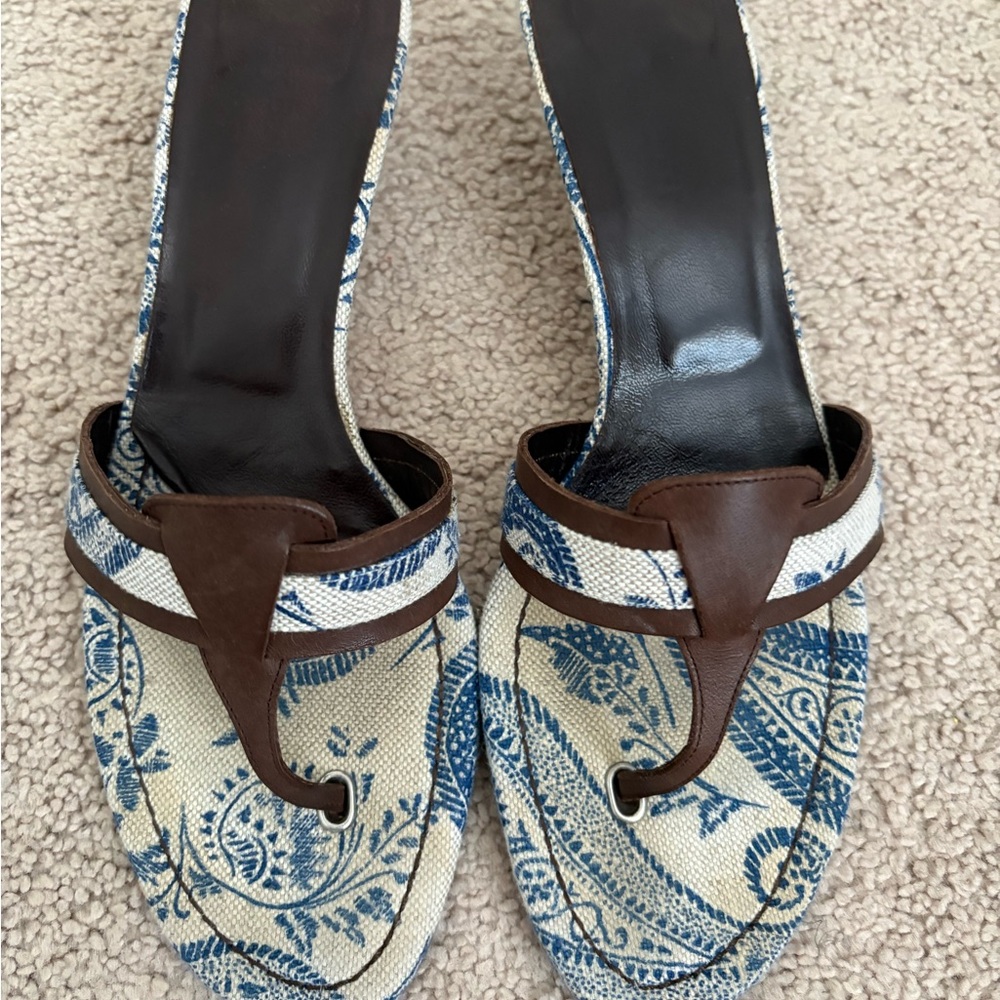 LK Bennett Brown and Blue Sandals with Intricate Pattern